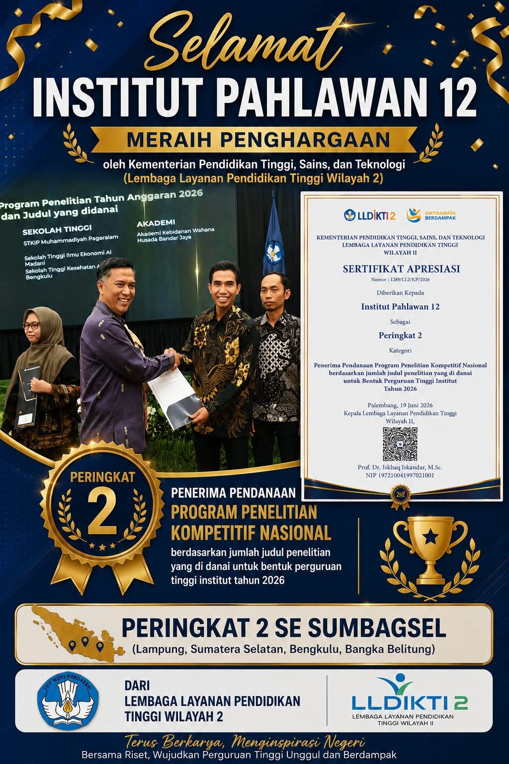 Institut Pahlawan 12 Raih Peringkat 2 Se-Sumbagsel dalam Pendanaan Penelitian Kompetitif Nasional 2026